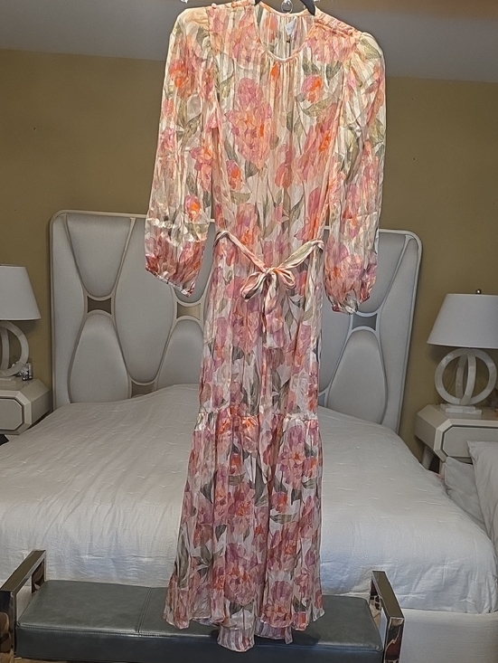 Black Iris Dresses & Skirts - Black Iris Silk Sheer Pink Floral Maxi Dress with Tie Waist Size 2 Fits a S-M